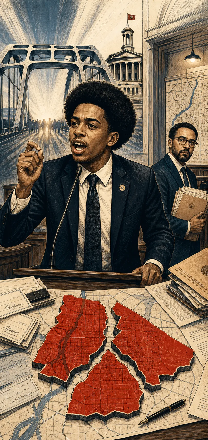 BTP editorial illustration of Justin Pearson and Memphis map lines.