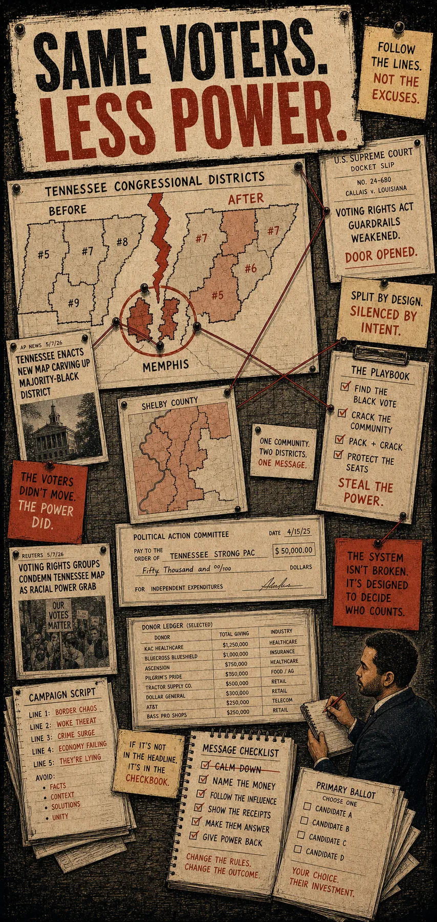 BTP editorial illustration of Memphis being split by political map lines.