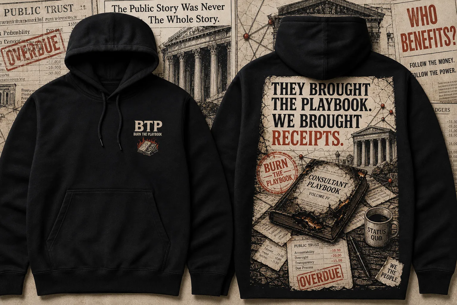 Black Burn the Playbook hoodie with scorched playbook receipt artwork