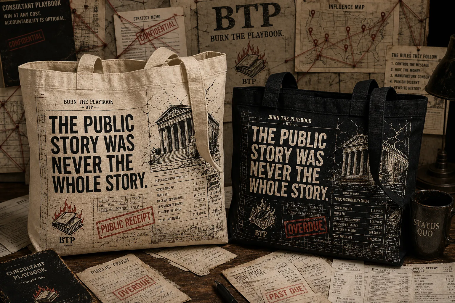 Burn the Playbook tote with public story receipt artwork